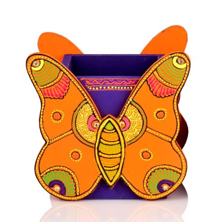 Handcrafted Wooden Butterfly Motif Pen Stand